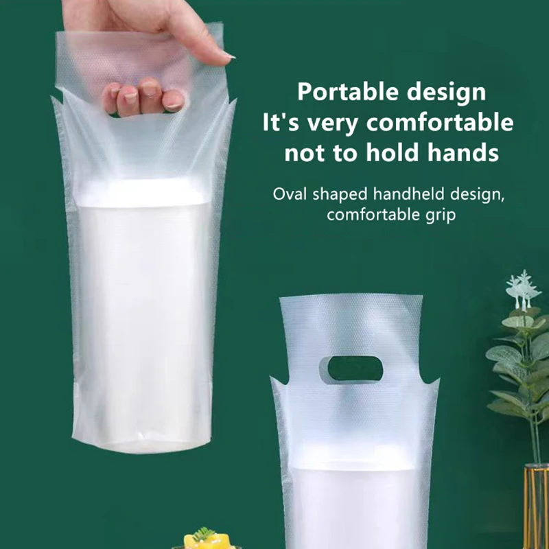 100Pcs Single/Double Cup Milk Tea Packaging Bags Frosted Transparent Disposable Beverage Plastic Bags Coffee Takeout Tote Bag^..