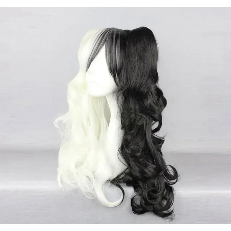 Danganronpa monokuma feminino longo rabo de cavalo encaracolado peruca cosplay traje branco preto mix resistente ao calor perucas de cabelo sintético peruca boné