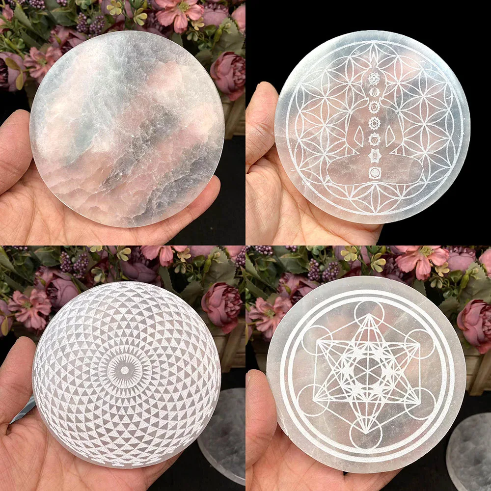 Natural Crystal Selenite Slice Slab Sun Moon White Gypsum Charging Plate Cleansing Energy Stone Meditation Divination Fengshui