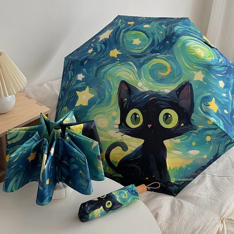 Blue Green Purple Powder Cat Cartoon Fold Umbrella Fully Automatic Umbrella Women's Dual-Purpose Sun Umbrella Portable Umbrella view 2