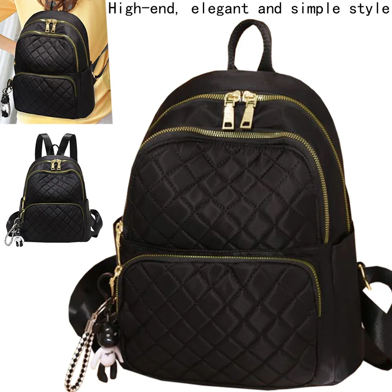 

Elegant Stylish Quilted Backpack Black Adjustable-Strap Lightweight with Charm for Daily Use Casual Functional Compact Bag