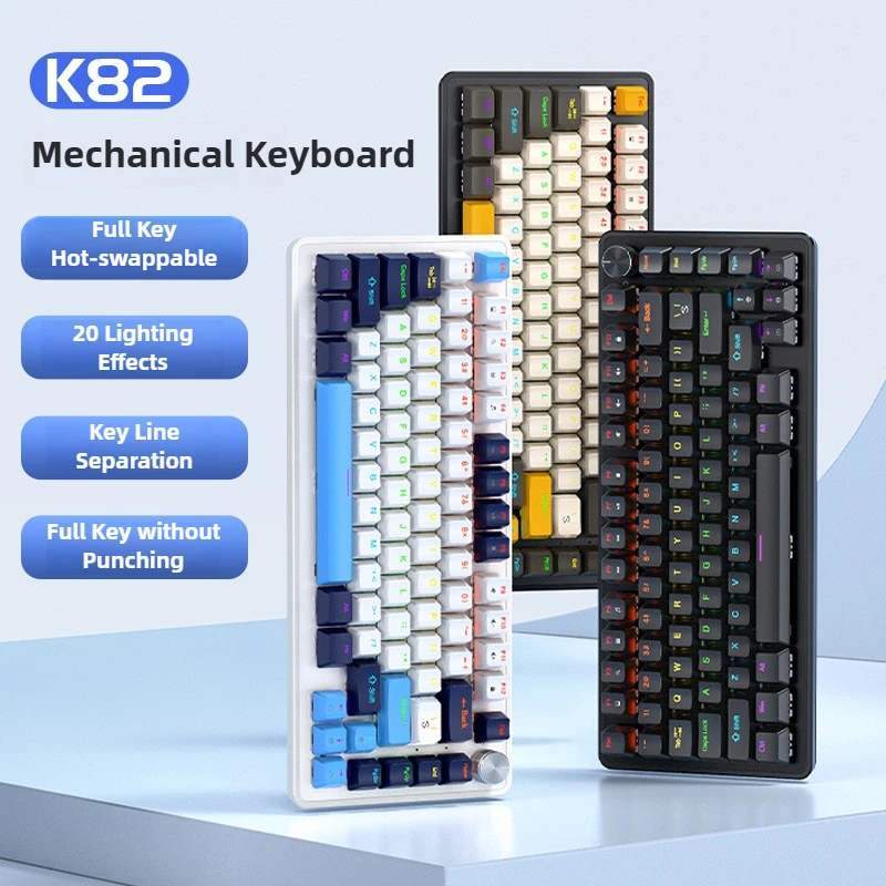 K82 Wired Mechanical Keyboard RGB Backlight Multi-functional Knob 82 Keys Layout Full Key Hot Swappable Keyboard for Windows Mac