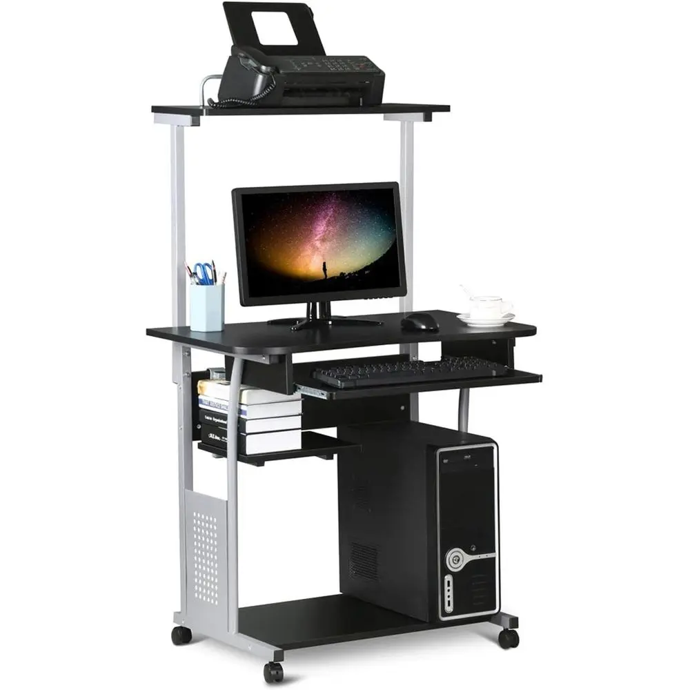 Compact 2-Tier Rolling Desk with Printer Shelf and Keyboard Tray for Small Spaces, Space-Saving Black Computer Workstation