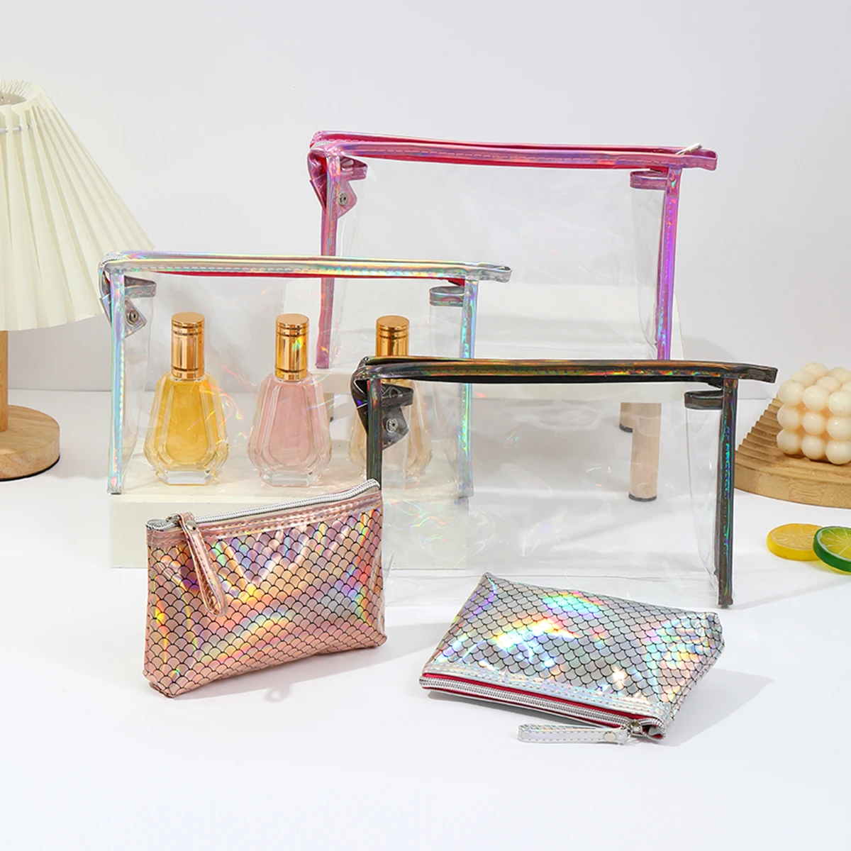 Neue Zweiteilige Wasserdichte PVC-Kosmetiktasche mit Laser-Fischschuppen-Design, Multifunktionale Aufbewahrungs- und Pflegetasche für Damen – Detail 5