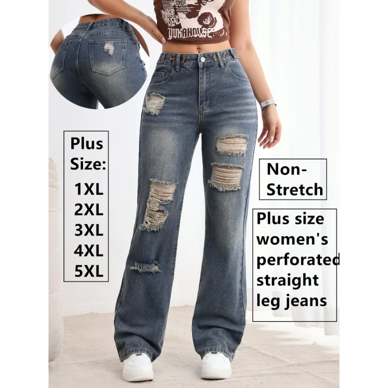 

Womens Jeans Y2k Jeans Baggy Jeans Plus Size Adjustable Waist Distressed Denim Straight Leg Trousers for Women Casual Wear
