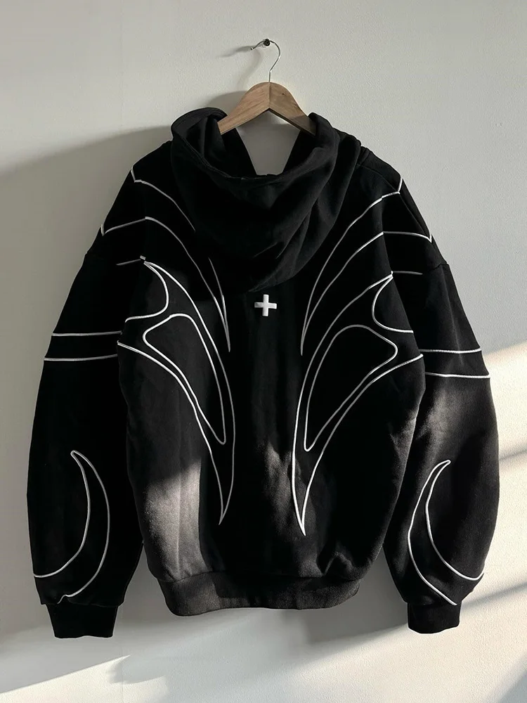 Street Retro Fashion Clothing Striped Embroidered Black Double Zipper Hoodie American Hip-hop Punk Oversized Sweatshirt Women