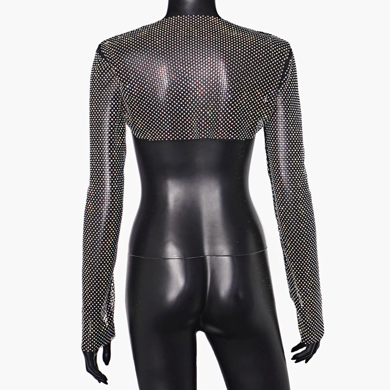 Damen AB Strass Netzstoff Langarm Crop Top Glänzendes Funkelndes Mesh Durchsichtiges Cover-Up Top Sexy Nachtclub Rave Party Festival – Detail 12