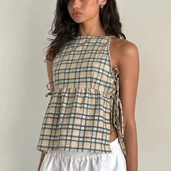 Cute Women Y2k Babydoll Tank Top Cute Tie Up Side Sleeveless Peplum Top Vintage Plaid Solid Cami Tank Top Coquette Streetwear