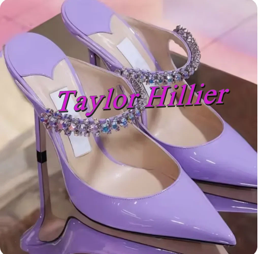 

Gilttering Rhinestones Heeled Sandals Pointed Toe High Heels Slip On Mules Outwear Slippers Fashion Summer Solid Color Slides