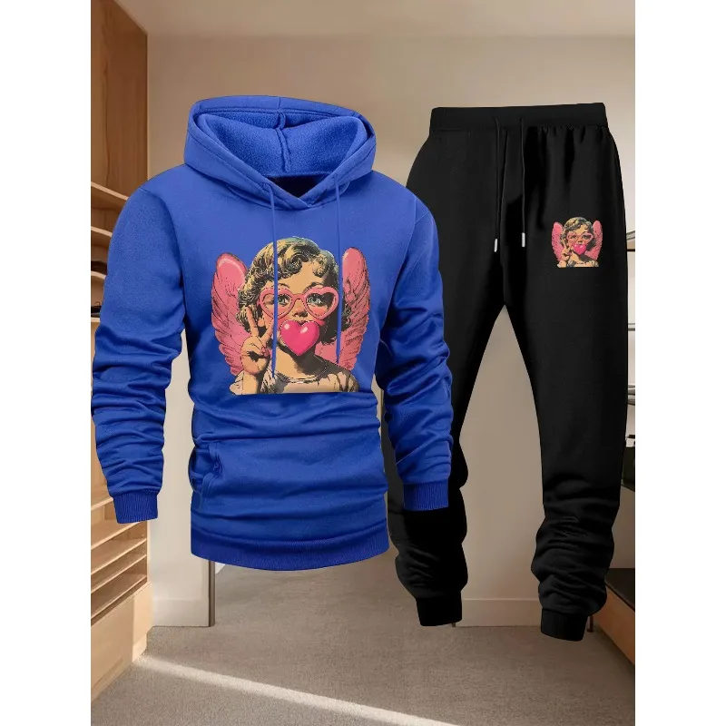 Angel Love ثلاثية الأبعاد مطبوعة الرجال كم طويل هوديي قطعتين مجموعة ملابس رياضية كاجوال موضة الاتجاه مجموعة هوديي 2025 طبعة جديدة #2