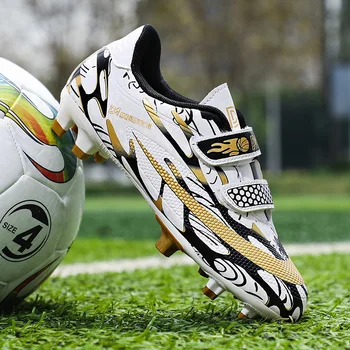 Białe złote dziecięce trampki piłkarskie Hook Loop Lekkie dziecięce buty piłkarskie Outdoor Turf Soccer Cleats Boy zapatos de futbol