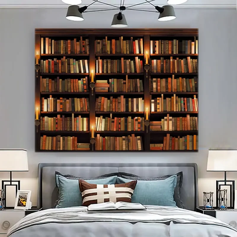 HD-Vintage Bookcase & Stump Wall Hanging – Waterfall and Trees Tapestry for Bedroom & Room Decor