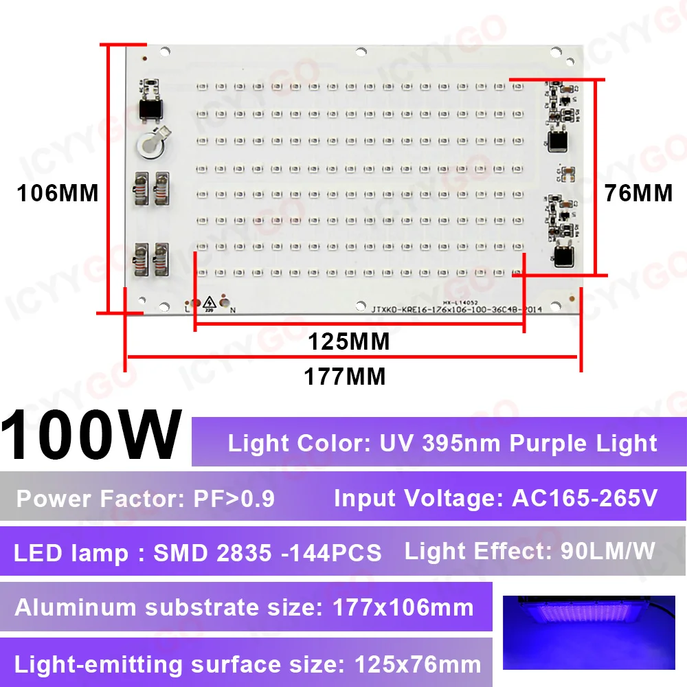 Haute puissance 50W 100W UV 395nm SMD 2835 violet puce LED panneau lumineux PCB ensemble de lumière panneau nu Source de lumière panneau