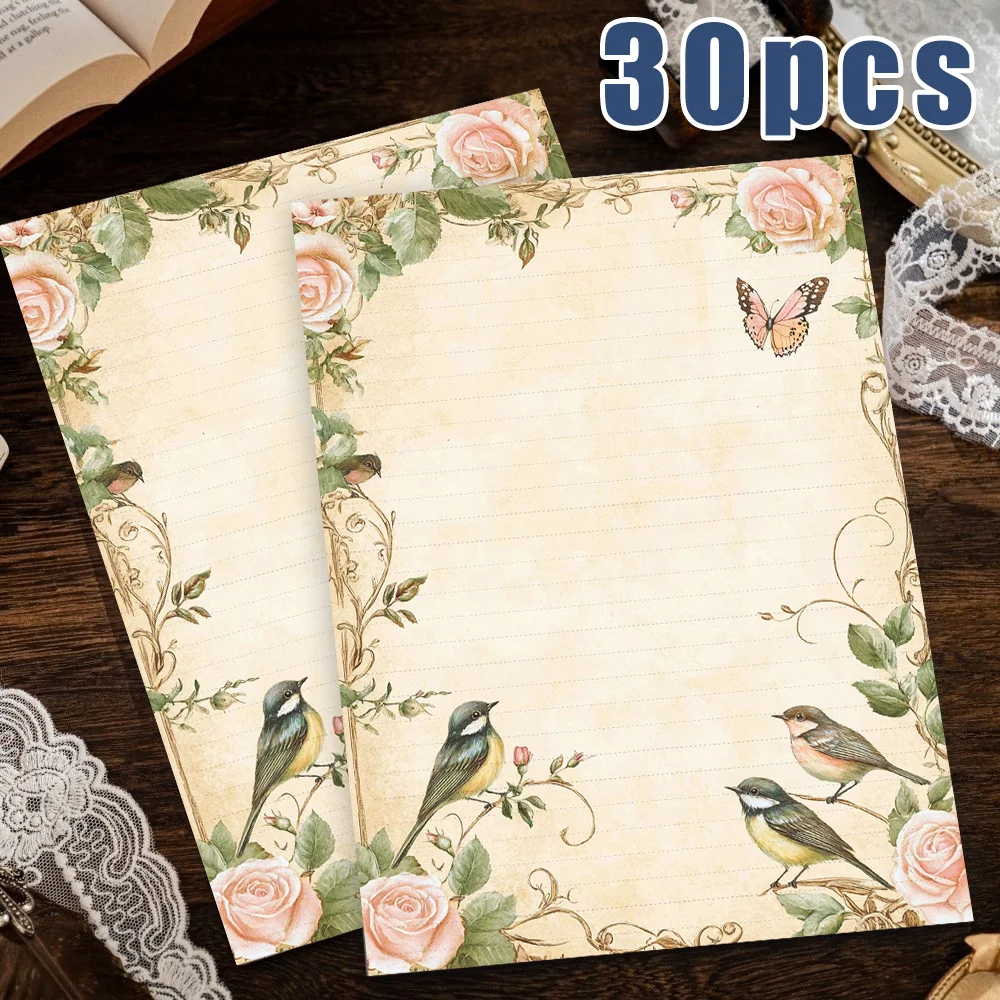 30 Sheets, B5 Vintage Bird And Flower Themed Writing Paper, Lined, No Glue, Very Suitable For Notebooks, Memos, And Stickers