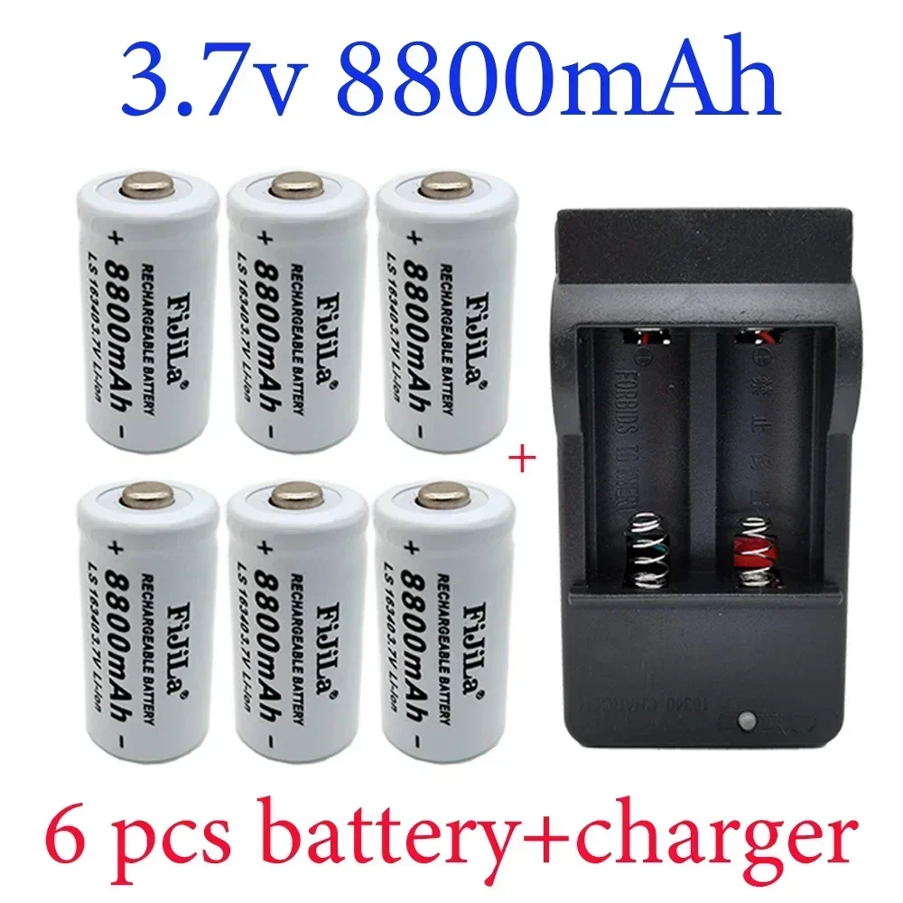 100% New original 16340 Battery CR123A 16340 Battery 8800mAh 3.7V Li-ion Rechargeable Battery+16340 Charger