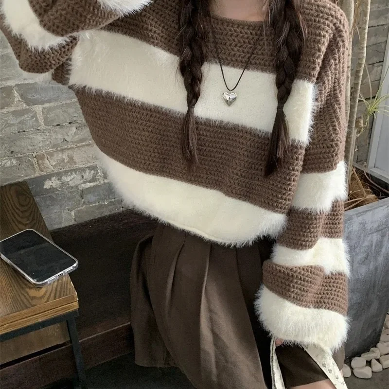 

Striped Soft And Supple Round Neck Sweater Korean Dongdaemun Autumn/Winter New Arrival Sensible Elegant Idle Style