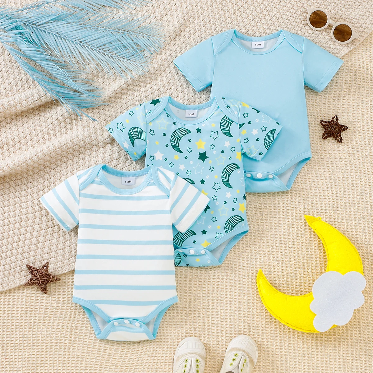 3pcs Summer Newborn Baby Light Blue Bodysuit Set, Stripe & Star Moon Print & Solid Color, Soft Casual Style, Daily/Loungewear