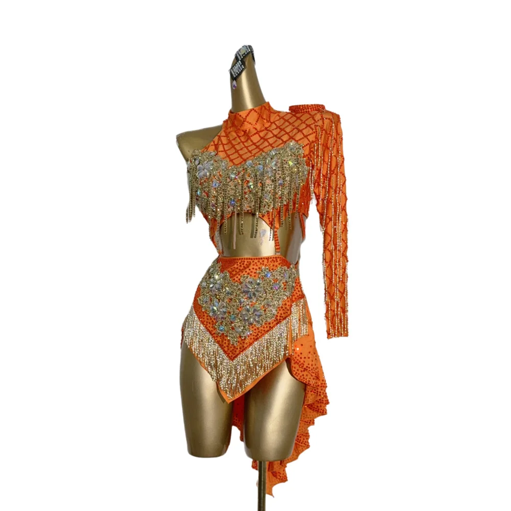 Robe de danse latine en pierre AB pour femmes et enfants, haut de gamme, personnalisée, creuse, fleur dorée, noire, robe de spectacle de piscine Samba