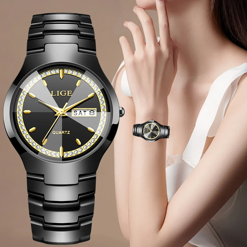 

LIGE Classic Luxury Woman Watch Elegant Simple Fashion Ceramics Diamond Dial Waterproof Auto Date Week Quartz Watches for Women