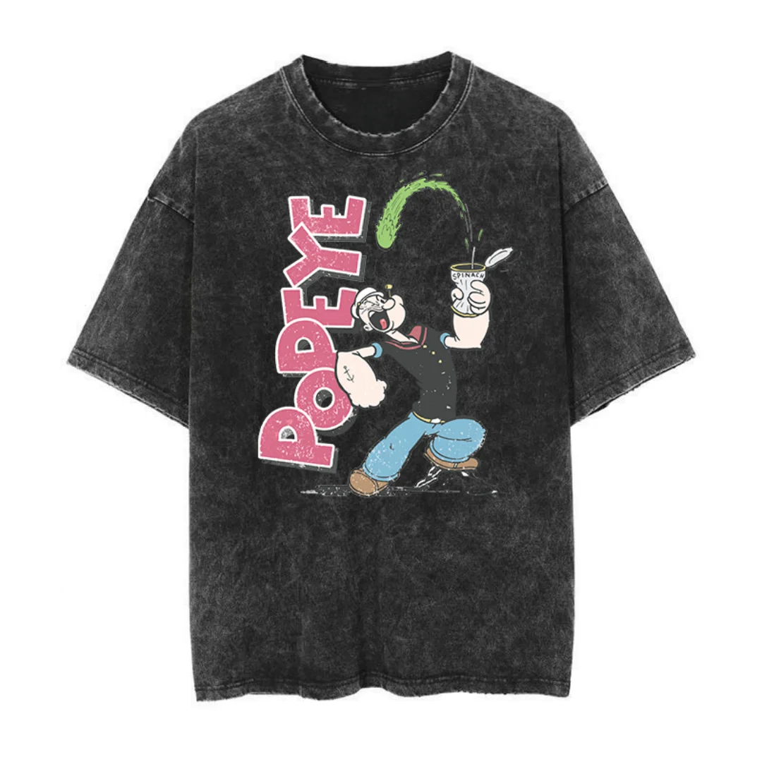 2025 الجرافيك المحملة اللياقة البدنية الصالة الرياضية ل Popeye العضلات الرجال غسلها تي شيرت الذكور الرجعية الكرتون عادية مريحة الشارع الشهير تي شيرت