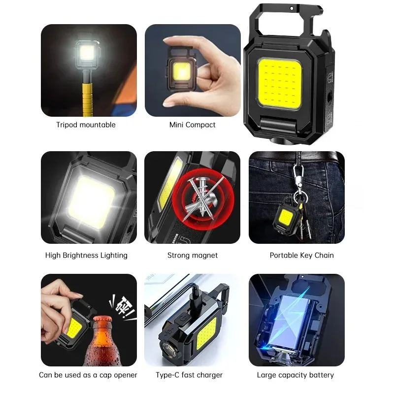 Mini Multifunctional LED Flashlight Keychain Light Double COB Lights USB Rechargeable with 90° Foldable Emergency Portable Light