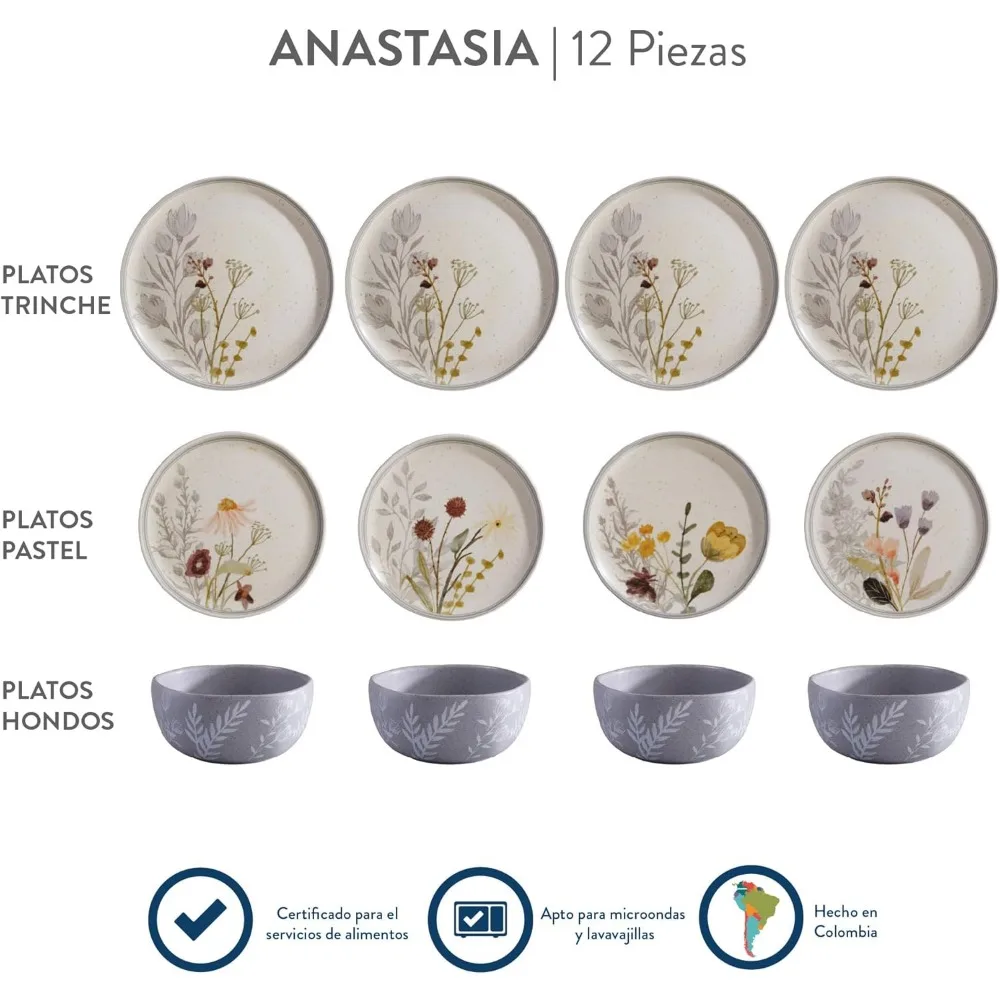 طقم أواني طعام سيراميك أنيق مكون من 12 قطعة من كورونا |   الأطباق والأوعية |   تخدم 4 |   اناستازيا