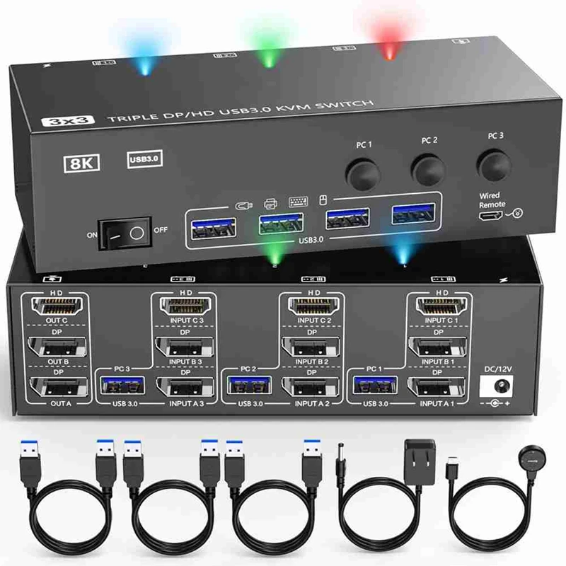 4K@144 هرتز - محول KVM متوافق مع 3 شاشات و3 أجهزة كمبيوتر، محول 2 منفذ KVM، 8K@30 هرتز، مع 4 USB 3.0 EU PLUG