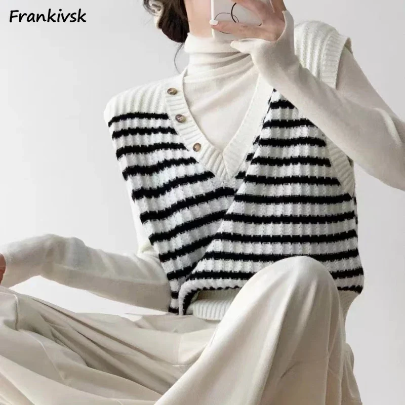 

Свитер-жилет в полоску со вставками, универсальная ниша, базовая пуговица для отдыха, элегантная офисная женская популярная уличная одежда с v-образным вырезом, особенный шик