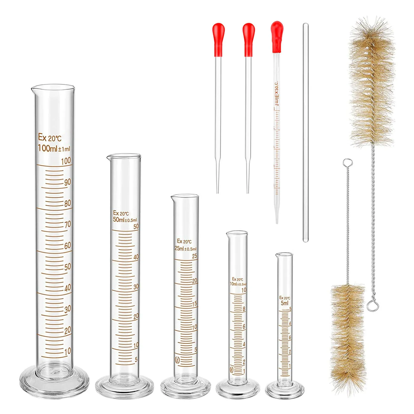 Set di cilindri graduati in vetro, Kit di cilindri in borosilicato Premium con 3 pipette + 2 spazzole + 1 asta di agitazione