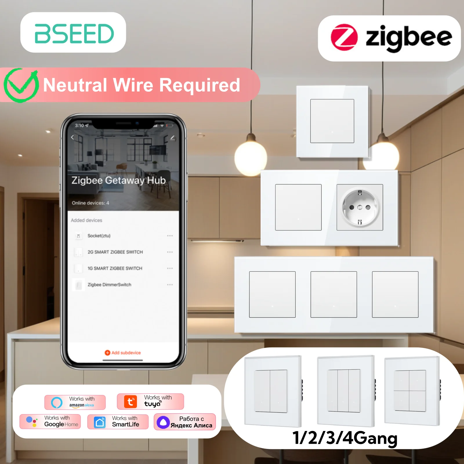 BSEED ZigBee Click Switches Series Wall Smart Light Switch Need Neutral Wire Yellow Backlight Glass Frame Tuya APP Switch