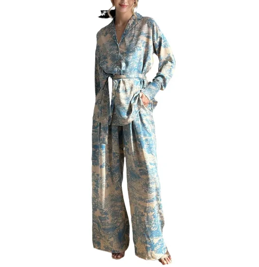 

2024 New Fashion French Printed Long Sleeve Lace-Up Shirt High Waist Wide Leg Pants Women's Suit