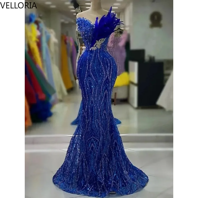 

Royal Blue Sequin Feather Mermaid Evening Dress Off Shoulder Formal Prom Gown 2025 New Party Dress Vestdos De Fiesta Customized