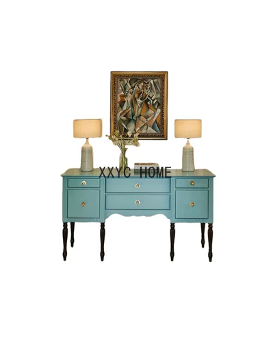 

French Retro Blue High-End Solid Wood Porch Full-Set Carved Antique Sideboard Cabinet Locker