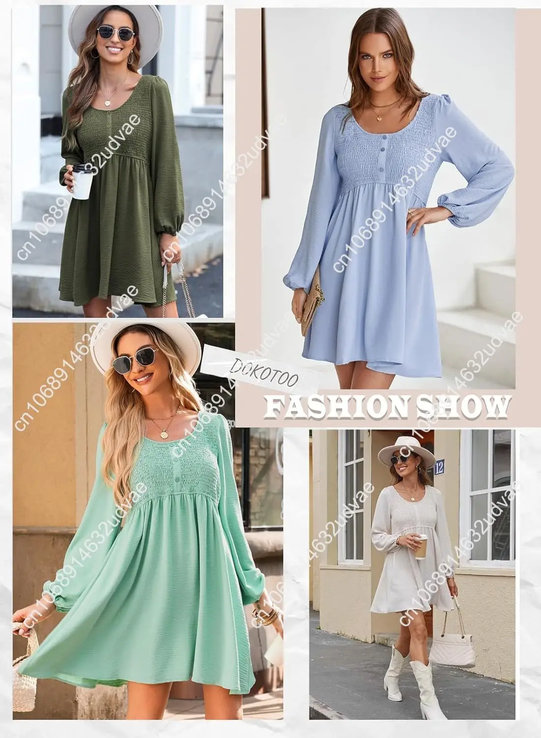 2025 Casual Dress Womens Smocked Crewneck Button Up Long Sleeve Empire Waist A-Line Mini Dress