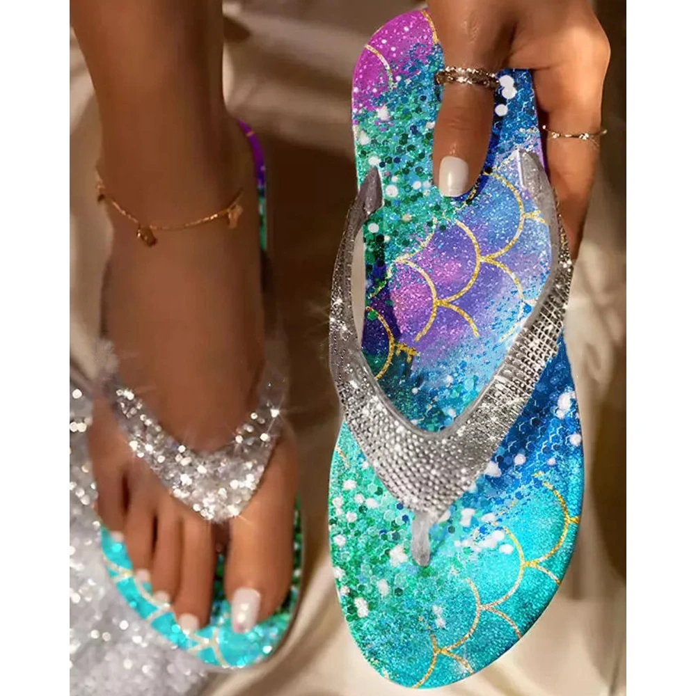 Outdoor Women Summer Multi-Color Abstract Scale Print Slippers Rhinestone Strap Flip Flops Fashion Casual Going Out Sandals