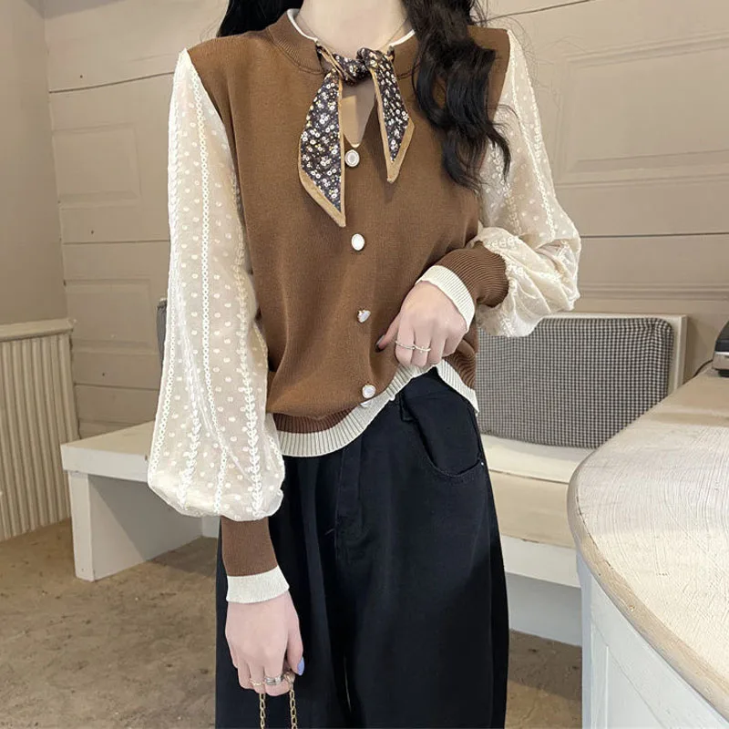 Female Casual Round Neck Lace Up Knitted Tops Autumn Winter Fashion Vintage Fake Two Pieces Spliced Sweaters Women's Clothing