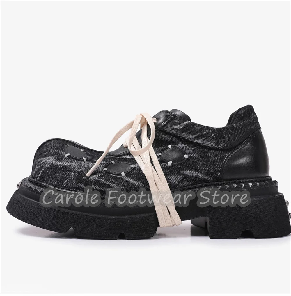 Punk Gothic Platform Denim Splicing Derby Shoes Male Chunky Bottom Heigh Increasing Lace-Up Shoes Outside Casual Footwear
