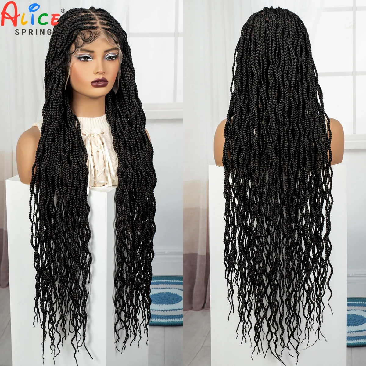 

Полные кружевные косички Парики с детскими волосами Синтетические плетеные HD кружевные фронтальные парики в стиле бохо с вьющимися косами для чернокожих женщин 36 дюймов