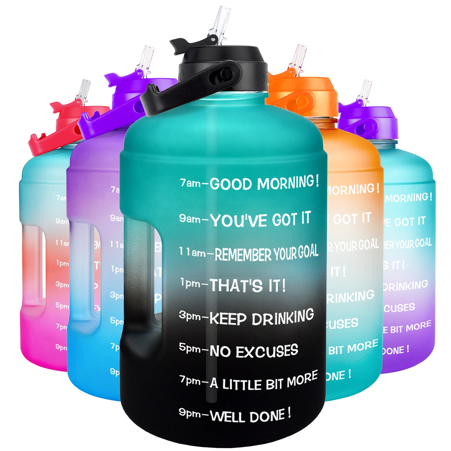 QuiFit 1 Gallon Water Bottle with Straw Motivational Time Marker Leak-Proof BPA Free Large 128OZ 64OZ Capacity Water Jug