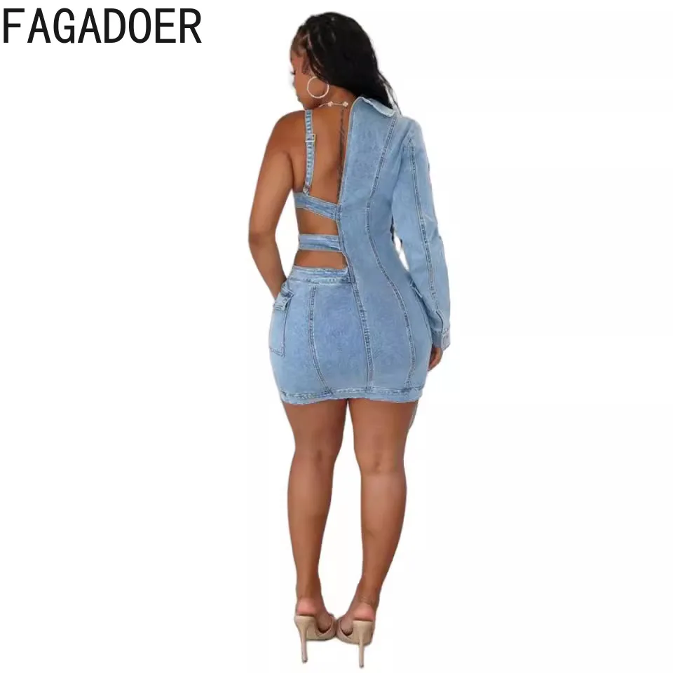 Fagadoer blau Mode eine Schulter Langarm Denim hohle figur betonte Kleider Frauen Knopf schlanke Jean Vestidos sexy Cowboy-Kleidung