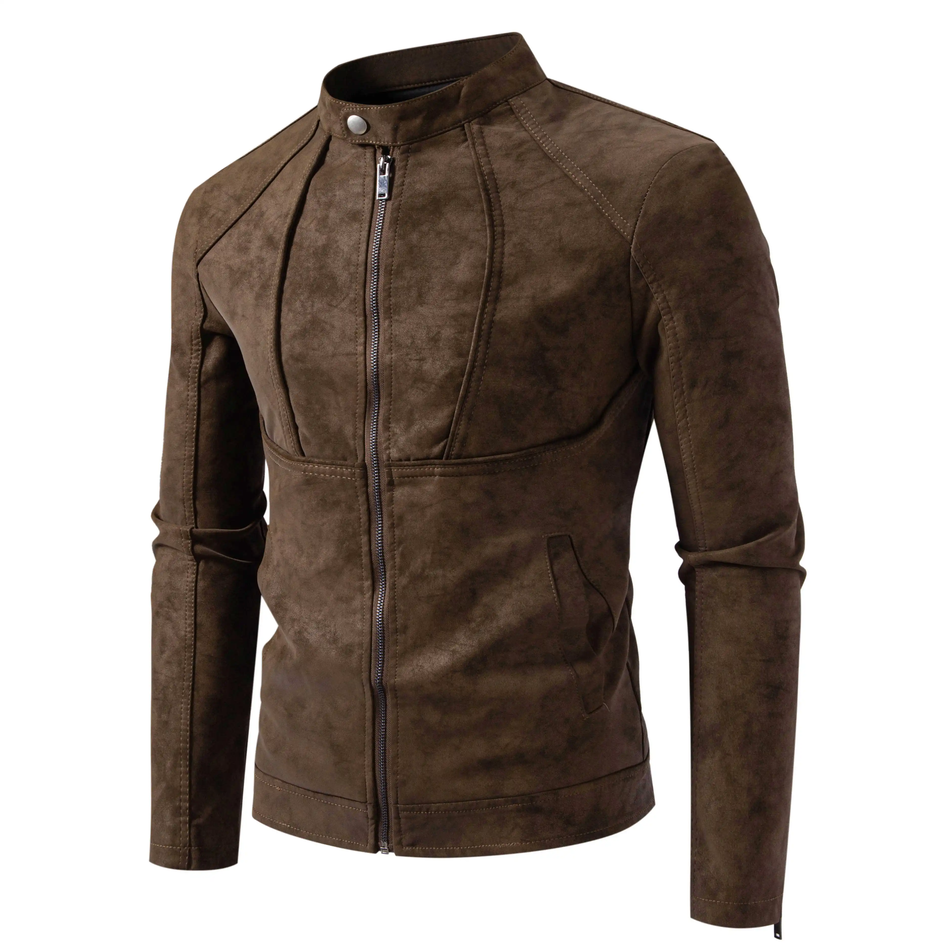 Men's Slim Fit Vintage Motorcycle Jacket Casual Long Sleeve Biker Coat Fitted Design for Fall Winter Plain Pattern