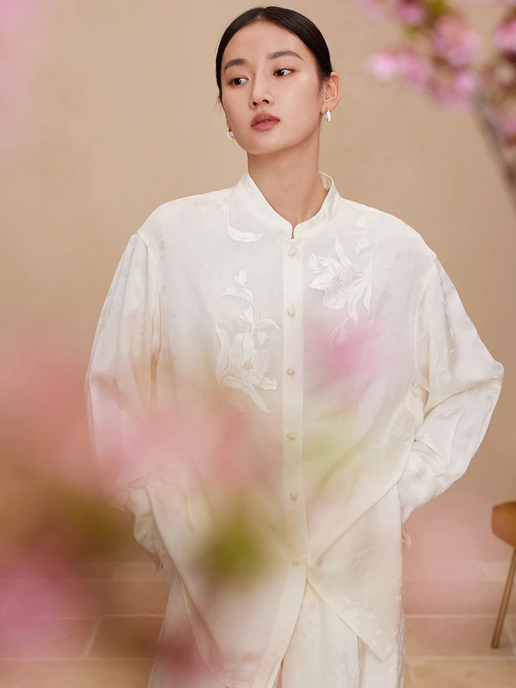 

Retro Chinese Sle Embroidered Silk Blend irt Women's Loose Fit Long Sve Button up Stand Collar Spring New Arrival