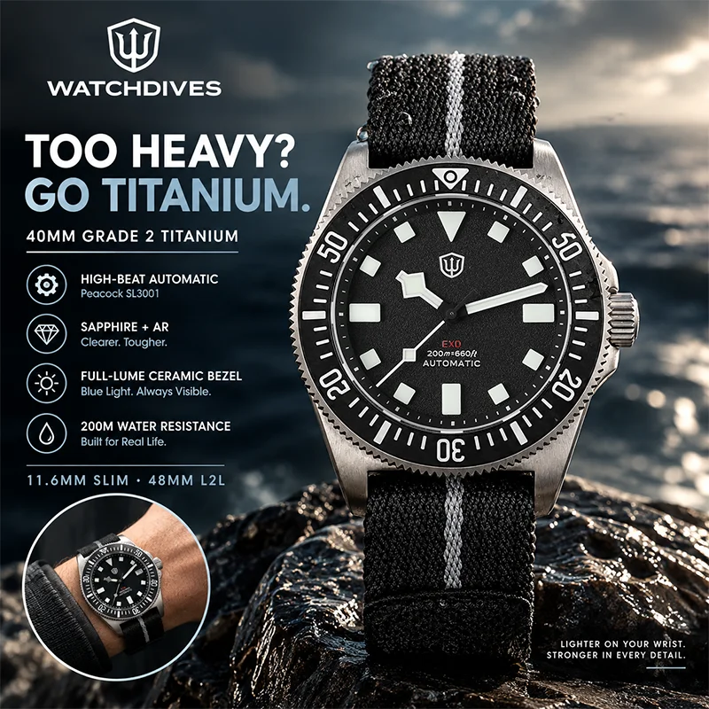 Watchdives EXD Men Titanium Automatic Dive Tool Watch 40Mm 200M Waterproof SL3001 Mechanical watch sapphire Exchangeable Lugs