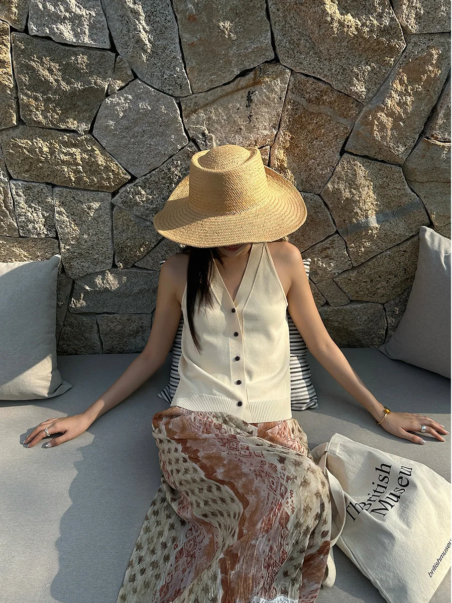 เสื้อกั๊กถักนิตติ้งลำลอง DT ETOLIE สำหรับผู้หญิง ฤดูร้อน ทรงเข้ารูป ผ้าผสมคอตตอน สีพื้น กระดุมเม็ดเดียว