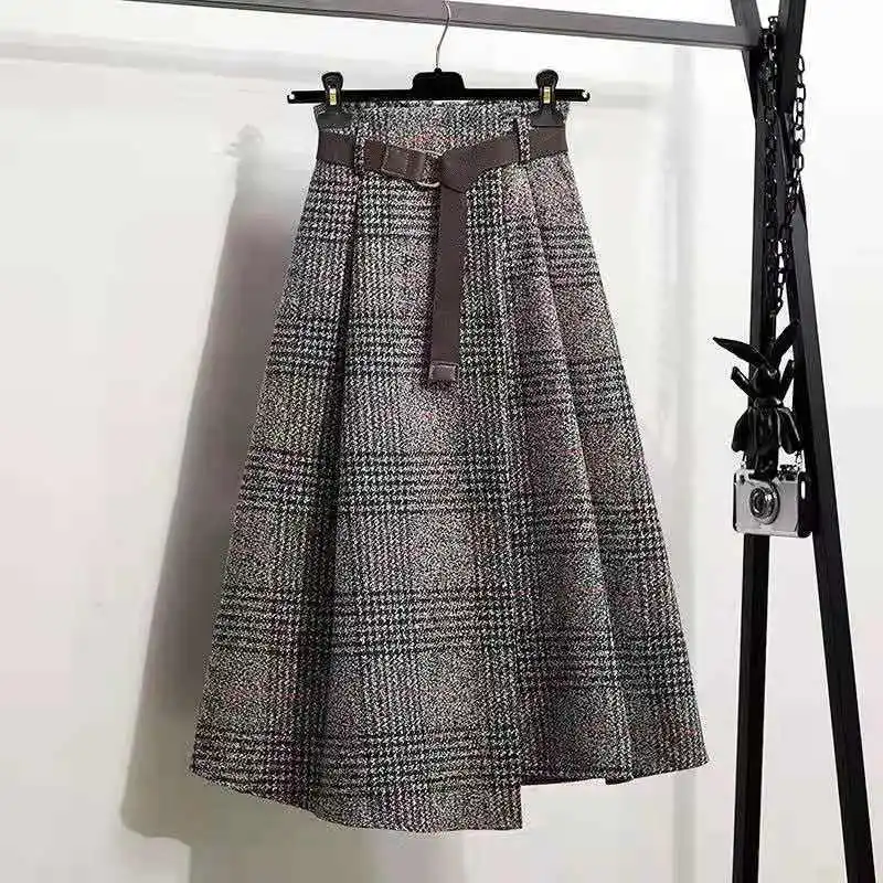 2026 Fashion Woolen Plaid Skirts Autumn and Winter Women's Long A-line Skirts Ladies Irregular High Waist Thick Skirt U564