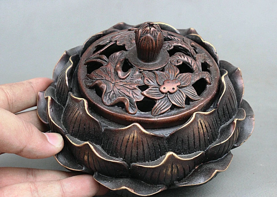 6 Collect China Temple Pure Red Bronze Lotus Flower Incense Burner Censer Statue