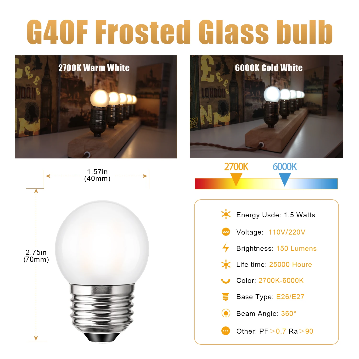 Edison G40 Led E27 Bulb 220V E26 1.5W Warm White Frosted Glass Globe Replaceable Pendant Chandelier String Light Filament Lamp