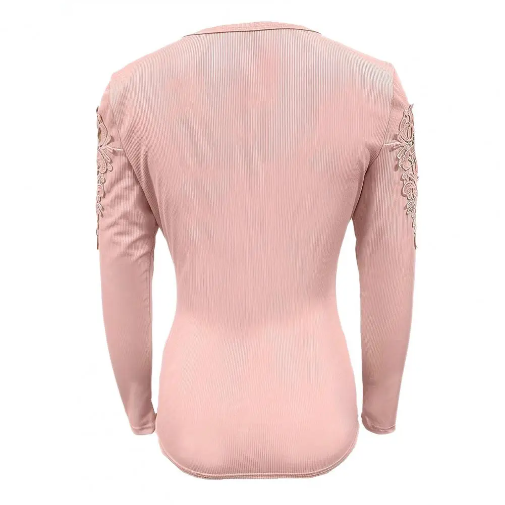 Solid Color Stretchy Top Elegant Lace Patchwork Women's Pullover Slim Fit Round Neck T-shirt Spring Fall Long Sleeve Top