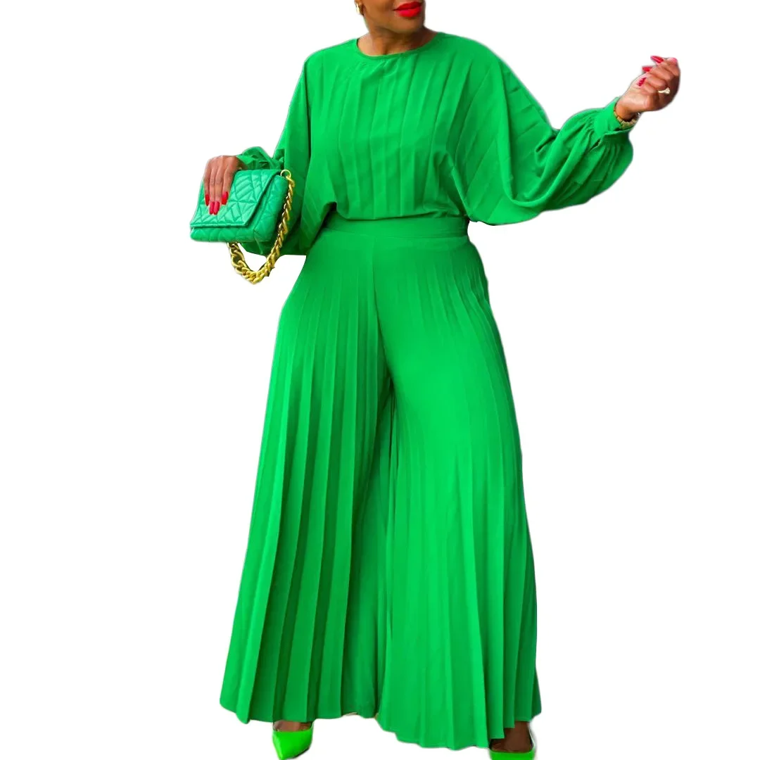 2023 Summer Fashion  African Women Long Sleeve O-neck Polyester White Green Yellow Blue 2PCS Sets Top Long Pant Matching Sets