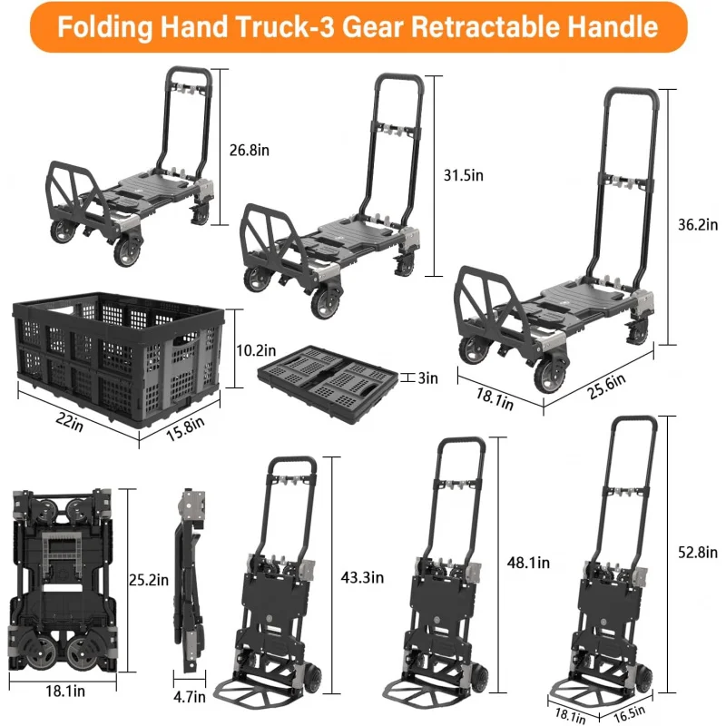 2-in-1 Folding Hand Truck with Folding Basket, 330LBS Capacity Heavy Duty Dolly with Retractable Handle, 4 Wheels